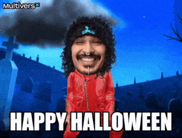 a cartoon of a man in a red jacket with the words happy halloween written below him