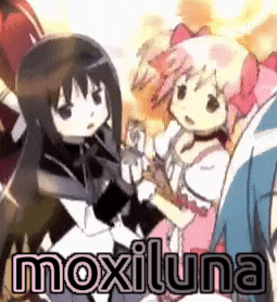 a couple of anime girls are standing next to each other and the word mox luna is on the bottom of the image .