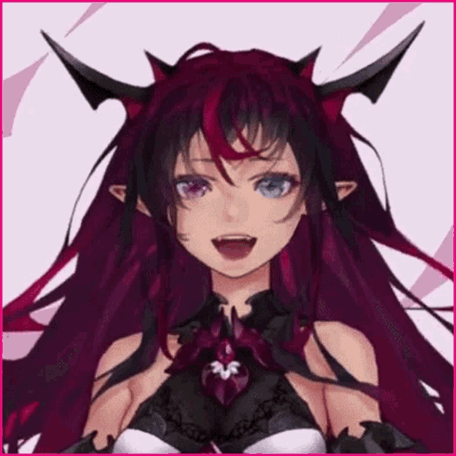 a girl with long purple hair and horns is wearing a black dress .