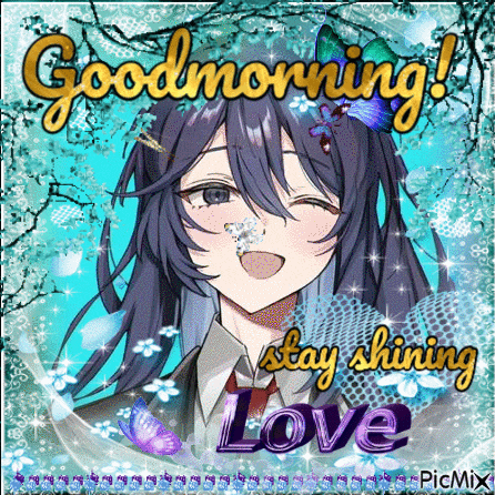 a picture of a girl with purple hair saying good morning