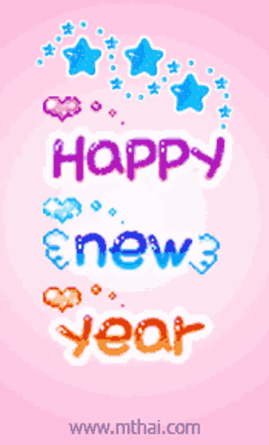 a pink background with the words happy new year written in different colors