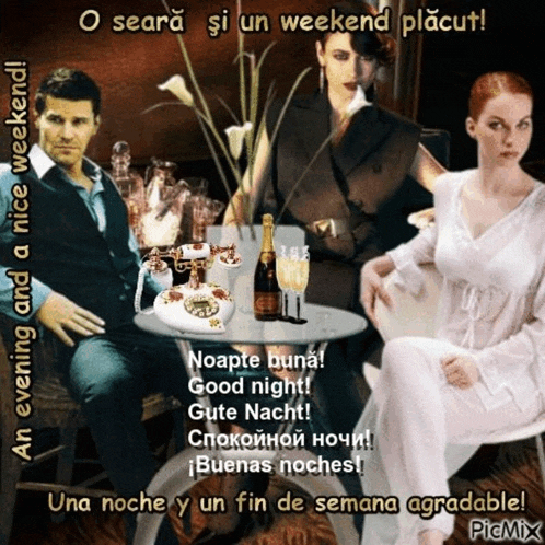 a man and a woman sit at a table with a bottle of champagne on it