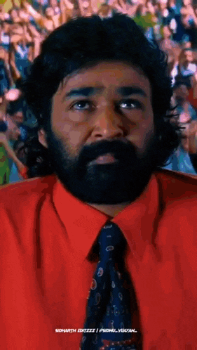 a man with a beard and a red shirt and tie