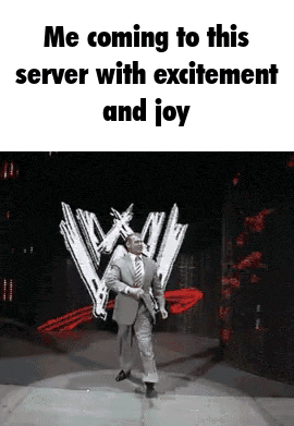 a man in a suit and tie is walking on a stage with the words me coming to this server with excitement and joy .
