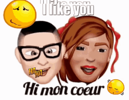 a cartoon of a man and a woman with glasses and a smiley face saying i like you hi mon coeur