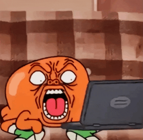 a cartoon character is screaming while holding a laptop with an hp logo on it