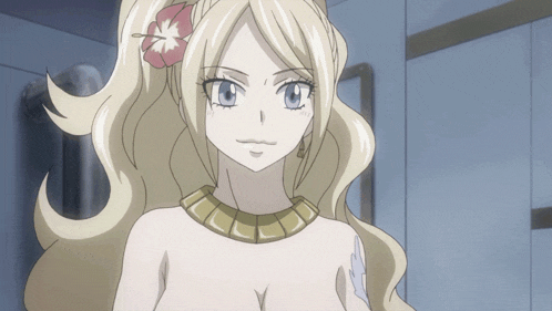 a naked blonde anime character with a flower in her hair