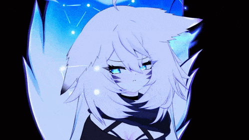 a girl with white hair and blue eyes is surrounded by a blue light