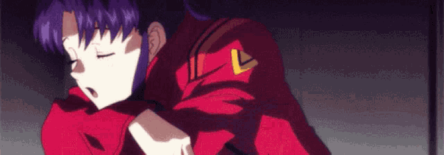 a girl with purple hair is wearing a red jacket with a yellow letter l on it