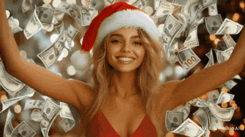 a woman wearing a santa hat is surrounded by money