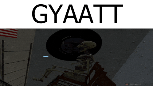a skeleton sits on a staircase under a sign that says gyaatti