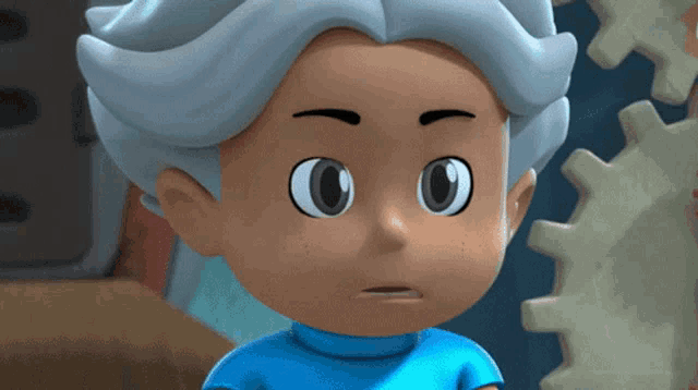 a close up of a cartoon character 's face with a gear in the background