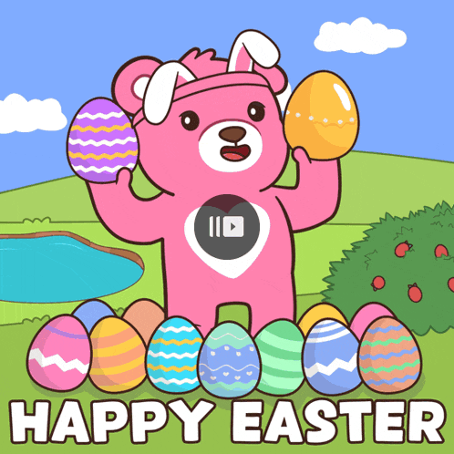 a pink teddy bear with bunny ears is holding an easter egg in front of easter eggs