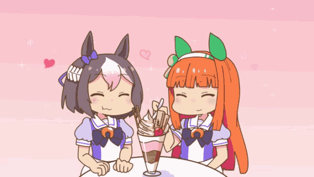 a couple of anime girls sitting at a table with a sundae