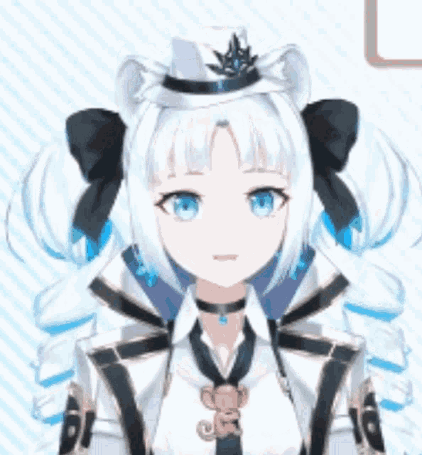 a girl with white hair and blue eyes is wearing a hat and a tie .