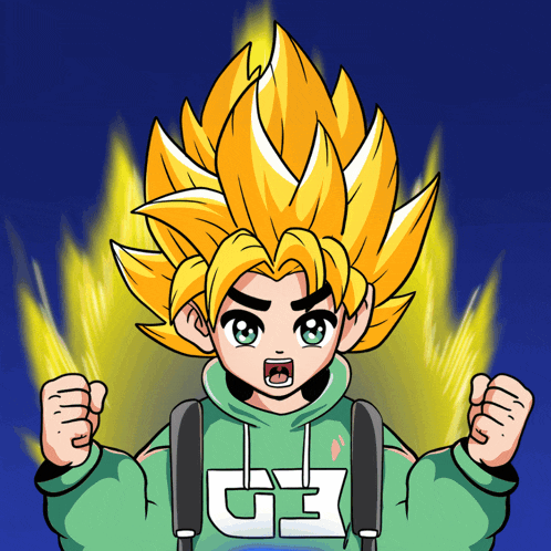 a cartoon of a boy with a green hoodie that says g3 on it