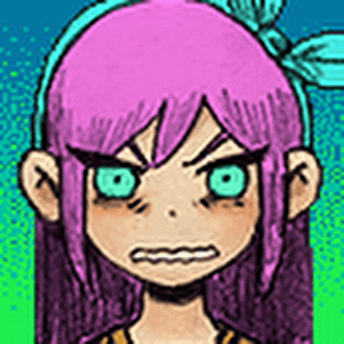 a cartoon girl with purple hair and green eyes is making a funny face .