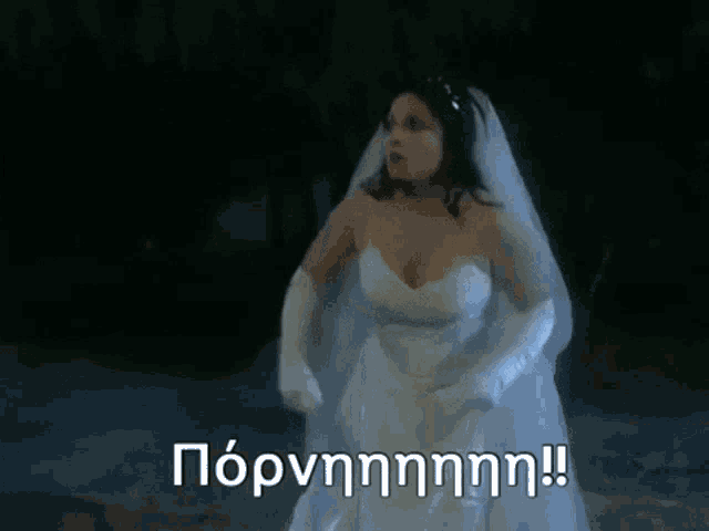a woman in a wedding dress and gloves is standing in the dark with a caption in greek .