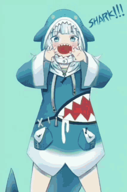 a shark girl with a tomato on her head says shark