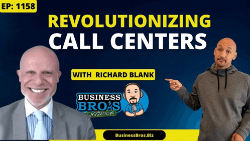 two men are standing next to each other with the words revolutionizing call centers