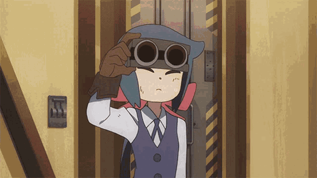 a cartoon character wearing goggles and a hat stands in front of a door