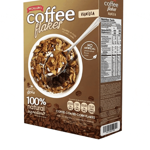 a box of coffee flakes vanilla cereal with a spoon