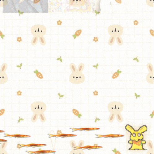 a collage of pictures of a woman and rabbits with a yellow rabbit in the middle