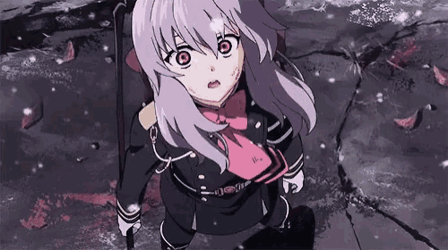 a girl with purple hair and red eyes is looking up