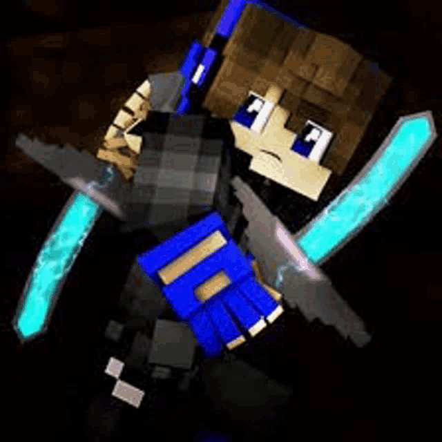a minecraft character is holding two glowing swords in his hands .