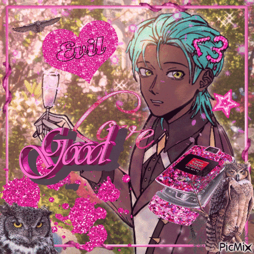 a picture of a man holding a glass and a cell phone that says evil you 're