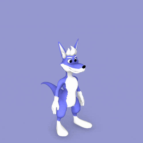 a blue and white cartoon character is standing on a blue background