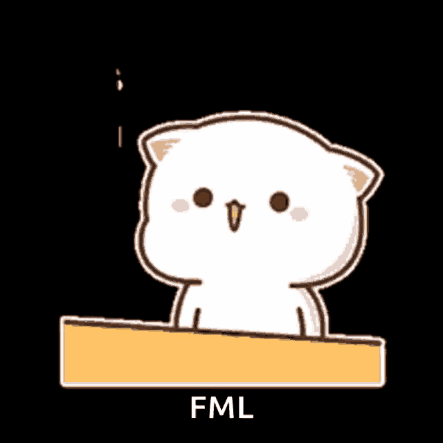 a cartoon cat is sitting at a table with the word fml below it