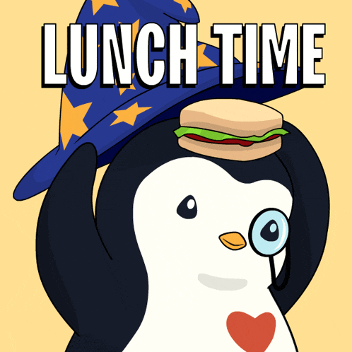 a penguin wearing a wizard hat and a sandwich on its head with the words lunch time below it