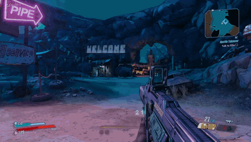 a video game is being played and a neon sign says pipe