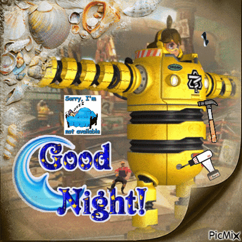 a picture of a robot with the words good night written on it