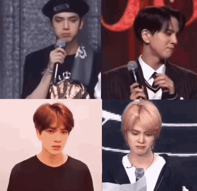 a collage of four pictures of a man with a microphone
