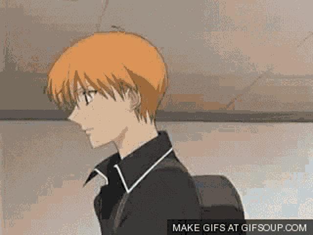 a boy with orange hair and a backpack is walking down a hallway .