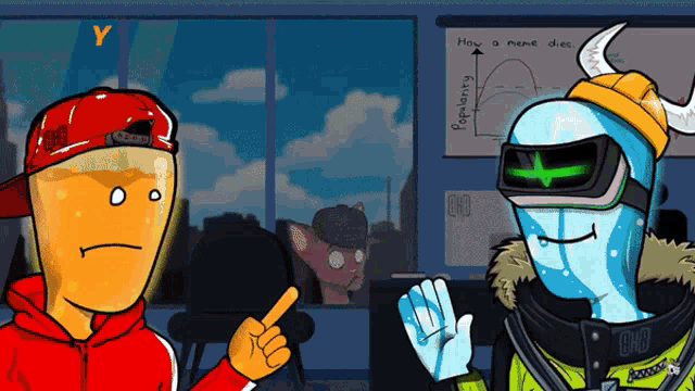 two cartoon characters are standing in front of a board that says hoy a meme diex