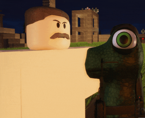 a man with a mustache stands next to a monster with a large eye