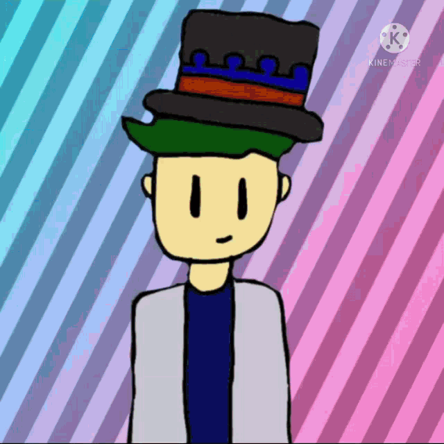 a cartoon drawing of a man wearing a top hat and striped background