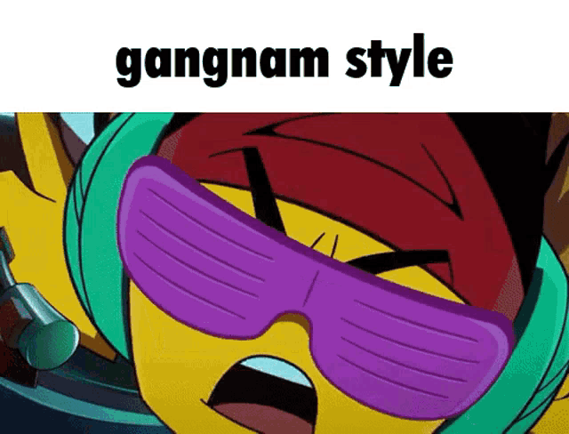 a cartoon character wearing headphones and sunglasses with the words gangnam style written below him