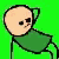 a pixel art drawing of a person in a green shirt with headphones on .
