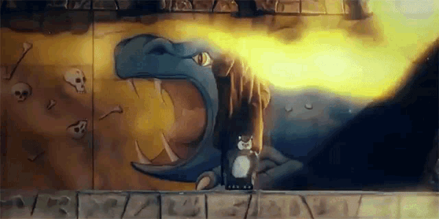 a person is standing in front of a painting of a dragon with fire coming out of it 's mouth .