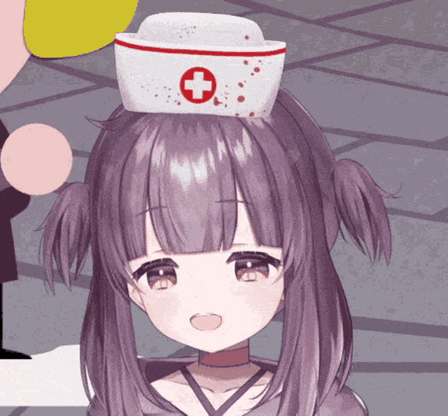 a girl with purple hair is wearing a nurse hat with a cross on it