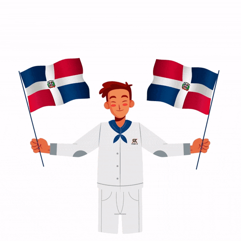 a cartoon of a man holding two flags with the letters puy on his shirt