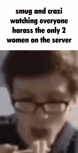 a man wearing glasses is eating noodles while a meme is being made about him .