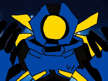 a blue and yellow cartoon character is giving a thumbs up sign .