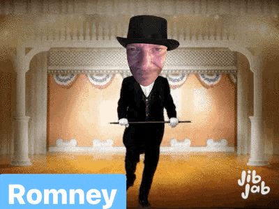 a man in a top hat is holding a cane and the name romney is on the bottom