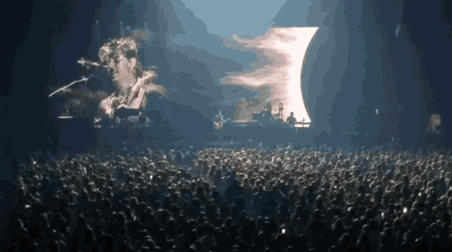 a large crowd of people watching a concert with a large screen behind them