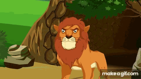 a cartoon of a lion standing in front of a cave with the words make a gif.com underneath